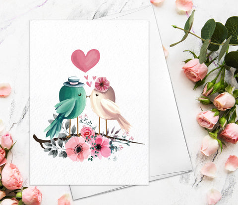 Valentine's Day Card - Watercolor Love Birds Card for Boyfriend Girlfriend Couple Engagement Wedding Cute Valentines Day Greeting Card
