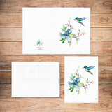 Watercolor Spring flowers & Hummingbird (Set of 2) - Valentines Day Wedding Love Anniversary Card /Thank you Card
