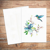 Watercolor Spring flowers & Hummingbird (Set of 2) - Valentines Day Wedding Love Anniversary Card /Thank you Card