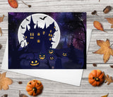Happy Halloween Greeting Card Set 4 Pk Assorted 5"x7" Cards Starry Night Sky Spooky Castle Pumpkins Bats Full Moon Cards Handmade in Canada
