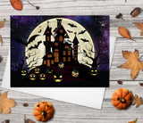 Happy Halloween Greeting Card Set 4 Pk Assorted 5"x7" Cards Starry Night Sky Spooky Castle Pumpkins Bats Full Moon Cards Handmade in Canada
